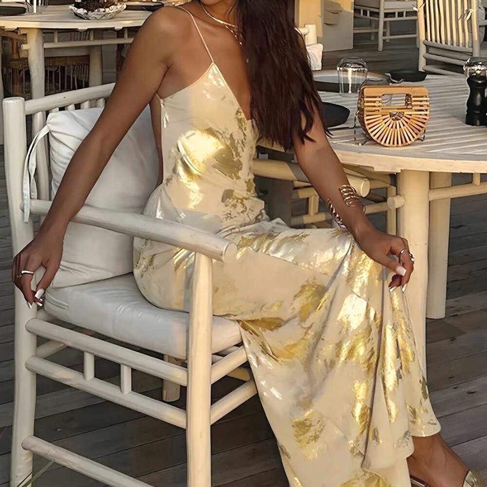 Apricot Elegant Women's Backless V-Neck Dress